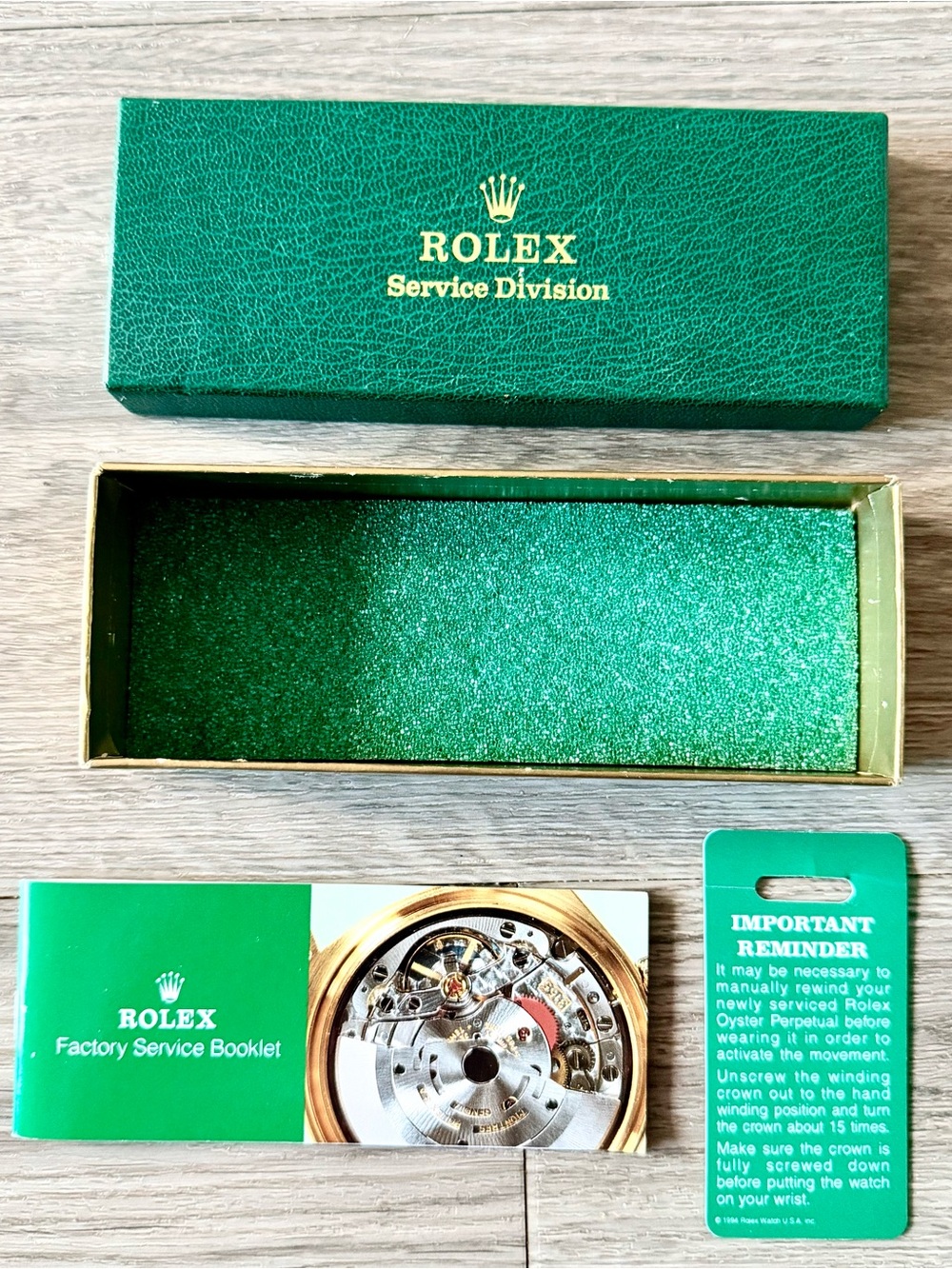 ROLEX Service Division Box 6x2.30x1.25”+Factory Service Booklet+Winding Reminder